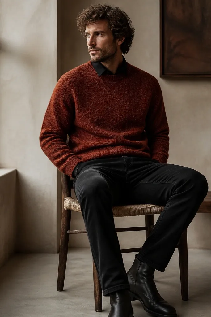 A rust-red knit sweater layered over a black button-up collar peeking out. The man wears black jeans and dark boots. The sweater has a slightly loose fit and visible knit texture.