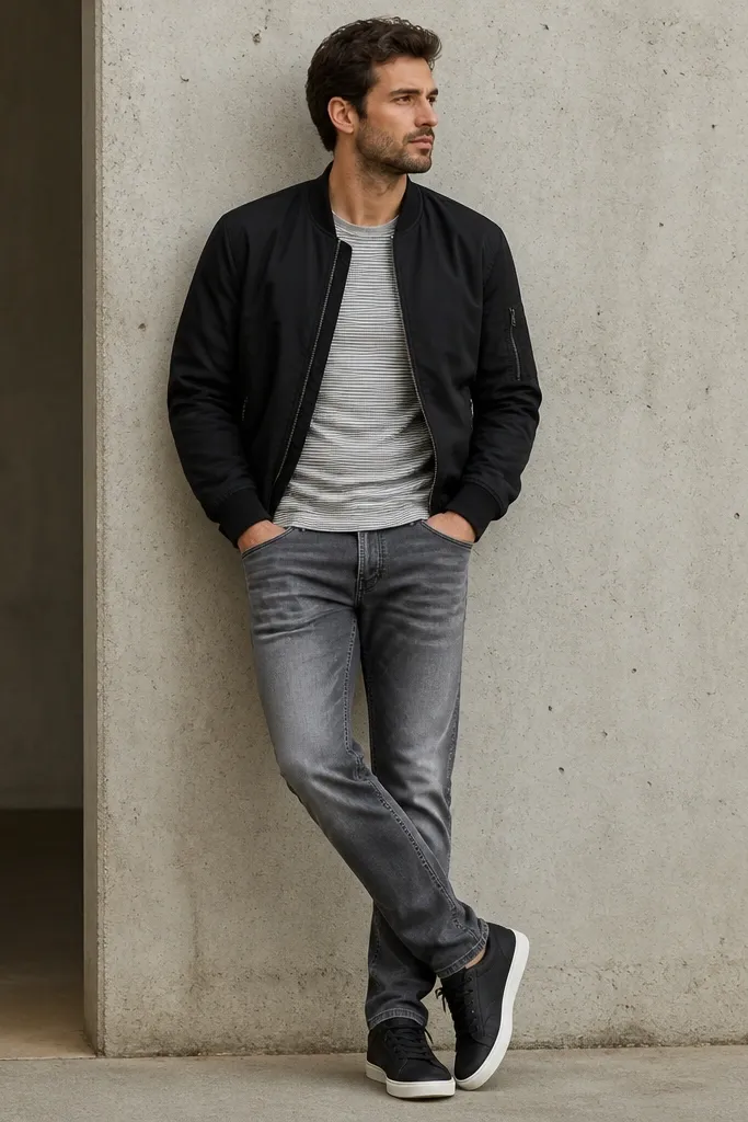 A black bomber jacket worn over a striped thermal long sleeve. The jeans are gray-washed denim with a faded thigh and slight whiskering. Shoes are dark sneakers with white midsoles.