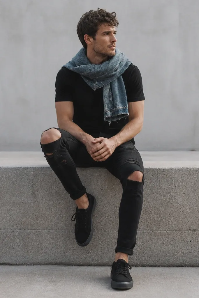 A man wearing a black tee with a denim shirt wrapped around his neck like a scarf. He has ripped black jeans and black sneakers. The denim scarf has frayed edges and visible seams.