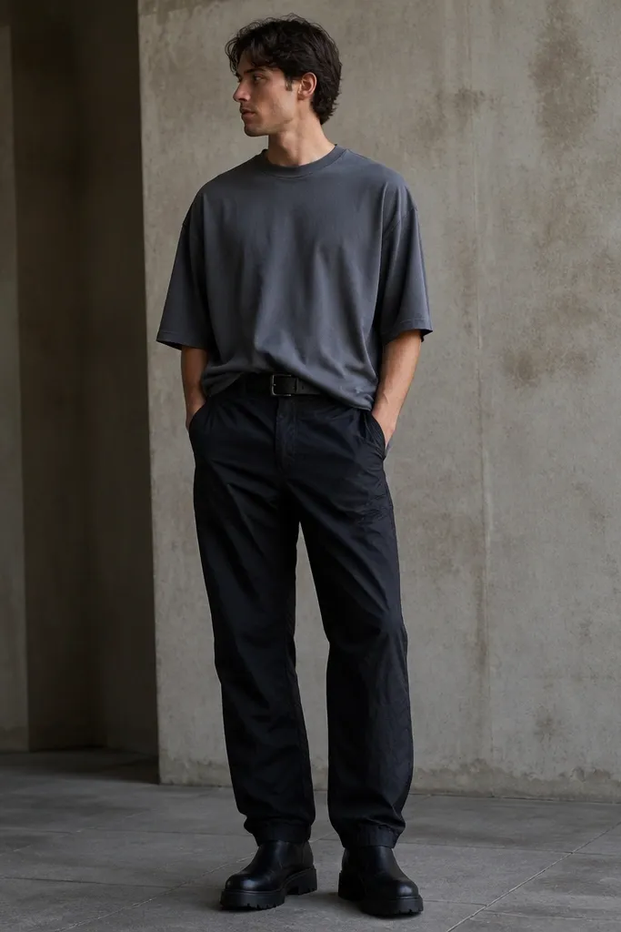 A man wearing an oversized gray tee, black nylon pants with a slight sheen but not glossy, a leather belt, and chunky black boots. The tee is slightly tucked at the front, and the belt buckle is matte.