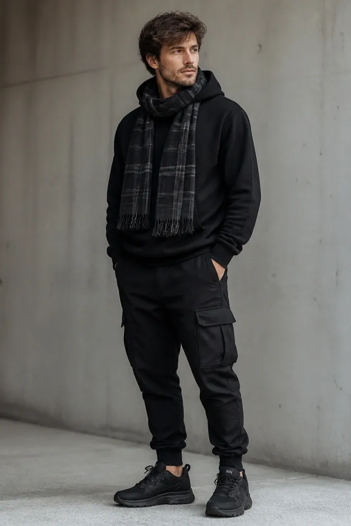 A man in a black hoodie with a dark plaid scarf wrapped around his neck. He wears black cargo pants and black sneakers. The scarf pattern is subtle, with gray and charcoal tones.