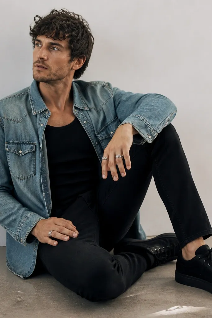 A man wearing a faded denim shirt jacket over a black tank. The jeans are black and tapered with a matte finish. He has multiple silver rings, and the shoes are black low-top sneakers.