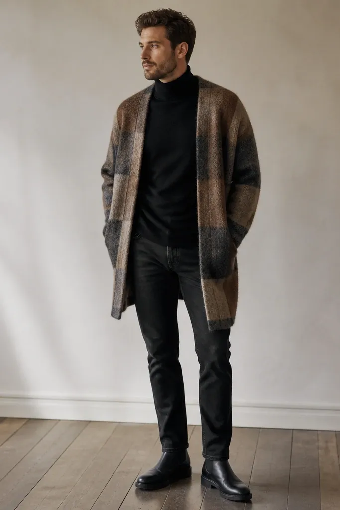 A man wearing a black turtleneck sweater under an oversized plaid coatigan. The coatigan is open, showing the turtleneck. He wears dark jeans and black boots. The collar sits snug and the plaid has muted tones.