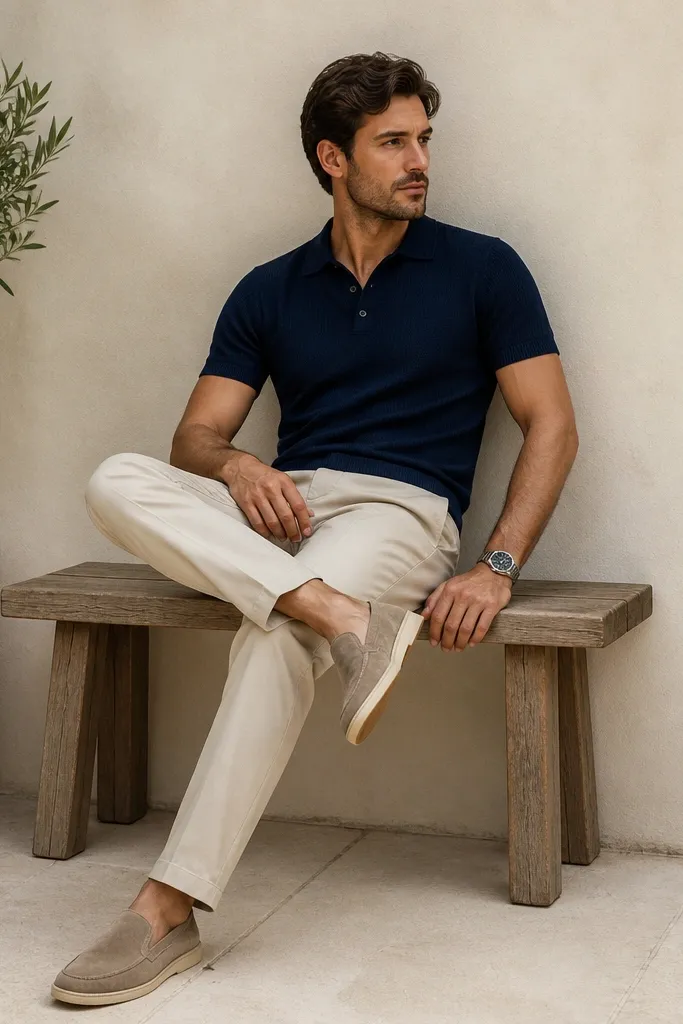 Light oatmeal beige chinos paired with a navy knit polo shirt; the footwear is taupe suede slip-on shoes with a crepe sole; a watch with a dark face sits on the wrist.