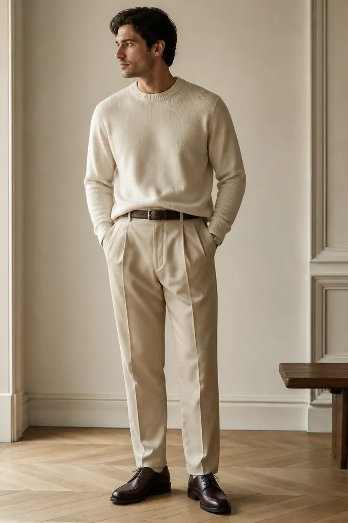 Beige pleated trousers with a relaxed straight leg; a cream crewneck sweater; dark brown leather derby shoes; a simple leather belt; minimal watch and no tie.