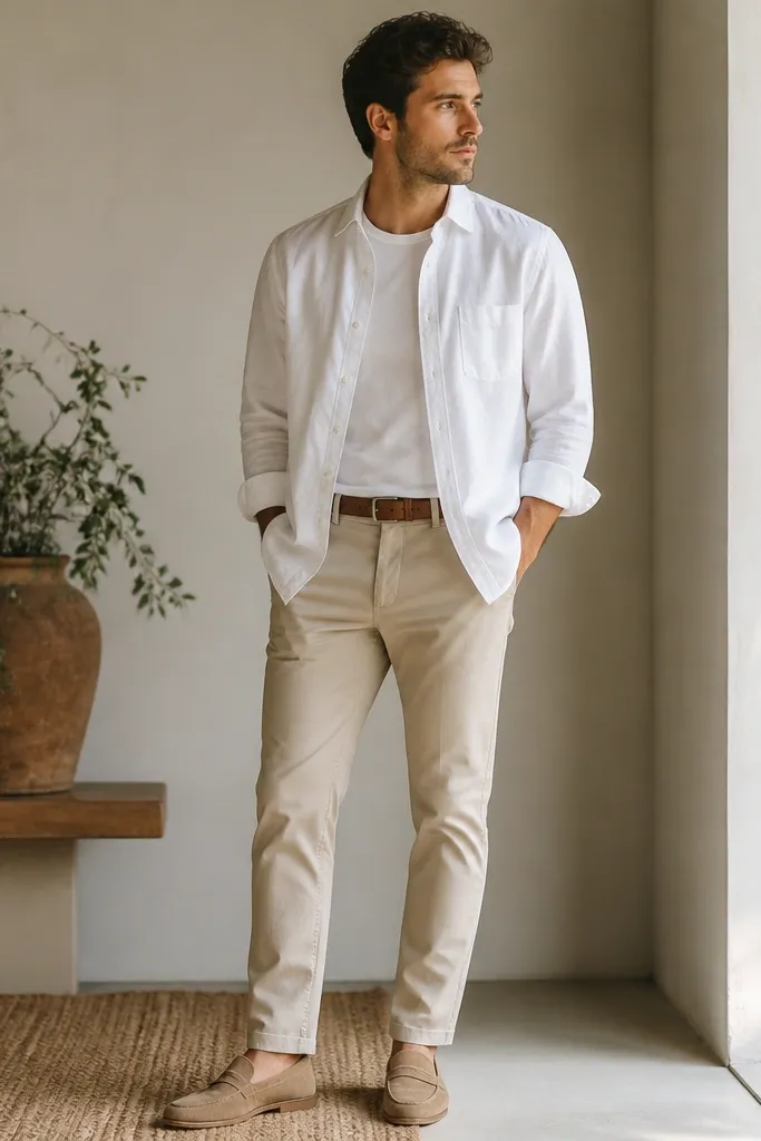 Light tan beige chinos with a white oxford button-down worn open at the collar over a plain white tee; tan suede loafers; sleeves rolled once; brown belt visible.