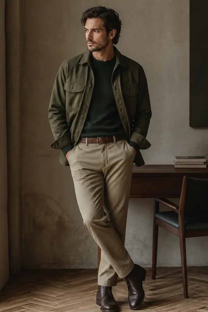 Taupe beige chinos with an olive overshirt worn over a dark green crewneck sweater; shoes are dark brown boots; belt is brown leather.