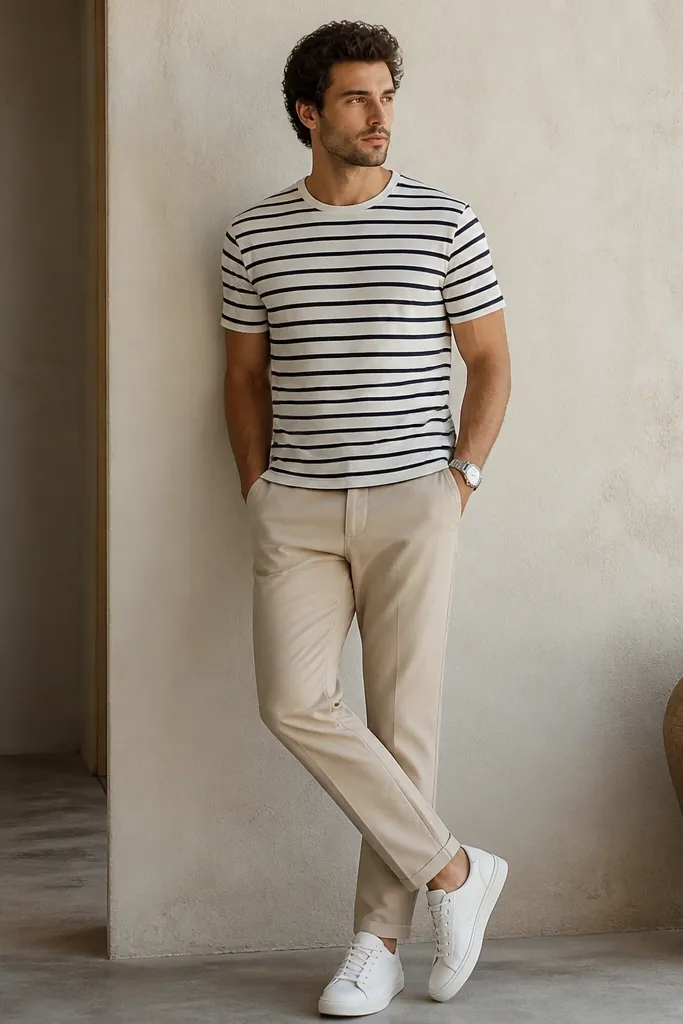 Oat beige pants paired with a black-and-white striped crew T-shirt; the stripes are horizontal; white low-top sneakers; a simple silver watch.