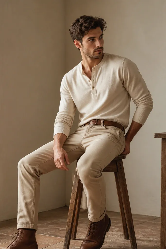 Cream henley shirt worn with beige pants in a similar tone; brown leather lace-up boots; a brown belt; the outfit looks tonal and warm.