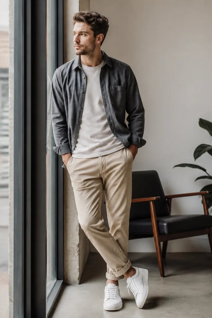 Beige chinos with a gray flannel overshirt worn open; underneath is a light gray or white tee; white sneakers; no hat.