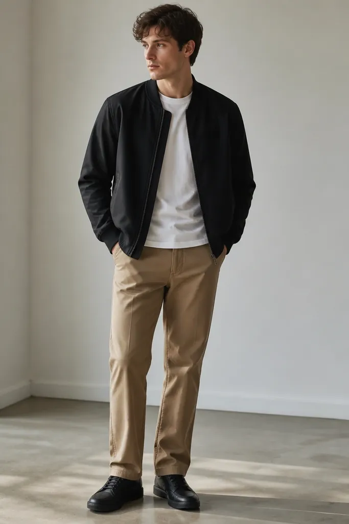 Camel beige straight-leg pants paired with a black bomber jacket worn over a white T-shirt; shoes are dark sneakers or black leather; belt not visible.
