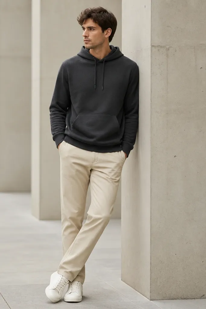 Beige pants with a charcoal gray hoodie; hood is down; white sneakers; hands in pockets; no jacket.