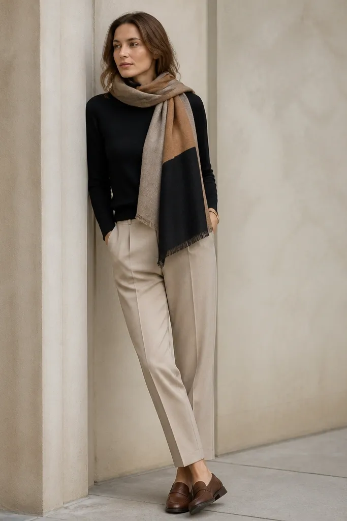 Stone beige pants with a neutral scarf draped around the neck over a dark top; brown loafers; the scarf has black and camel tones; minimal accessories.