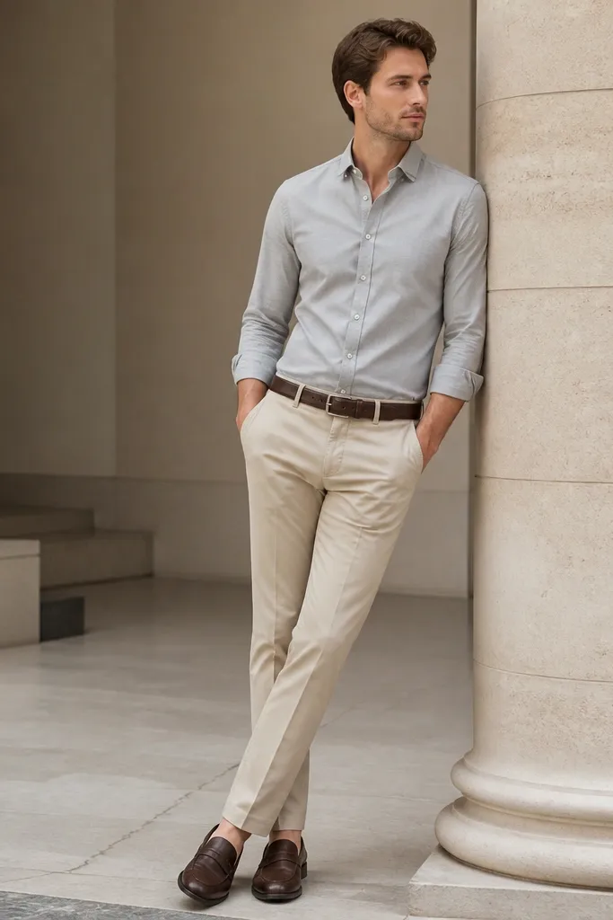 Beige tailored chinos with a light gray button-down shirt; shirt is tucked; shoes are dark leather loafers; brown leather belt visible.