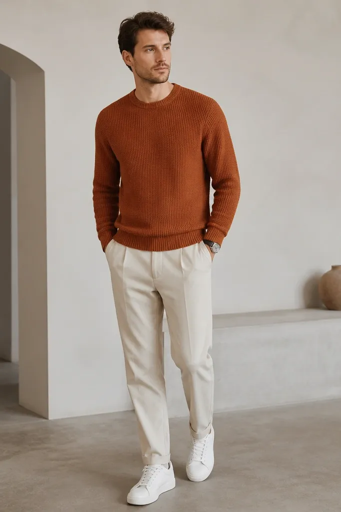 Oatmeal beige pants paired with a rust-orange knit sweater; shoes are white sneakers; the sweater cuff sits at the wrist; a simple watch.