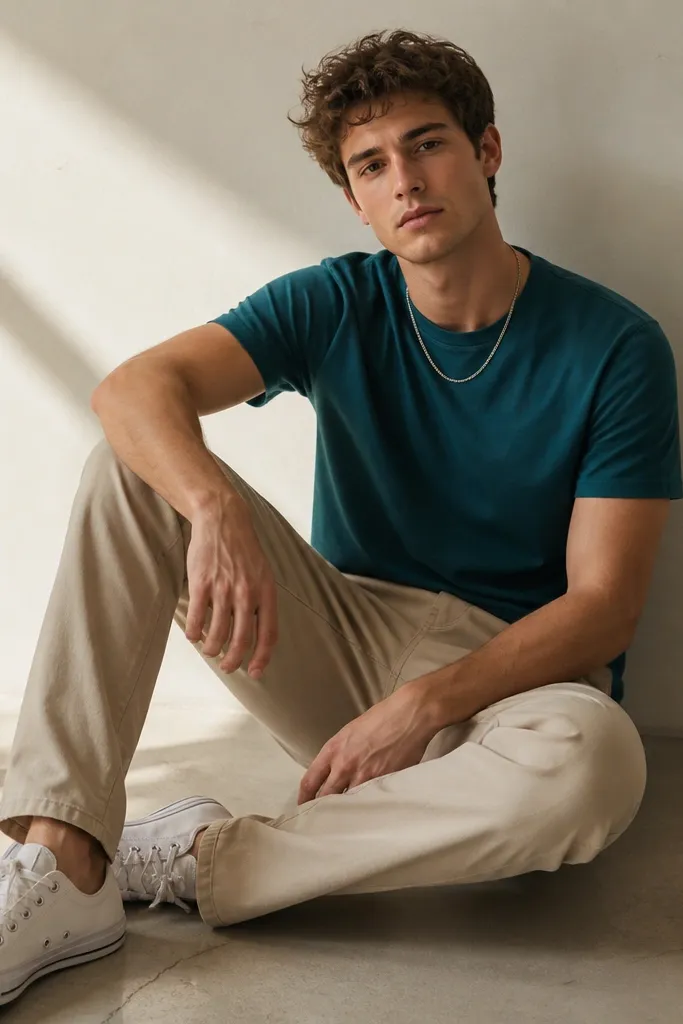 Beige pants paired with a teal crew-neck T-shirt; shoes are white canvas sneakers; a simple chain necklace; no jacket.