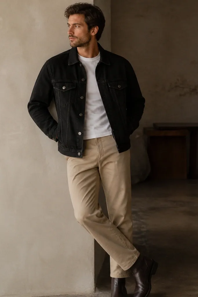 Beige pants with a black denim jacket worn over a white T-shirt; collar is buttoned; shoes are black or dark brown leather boots.