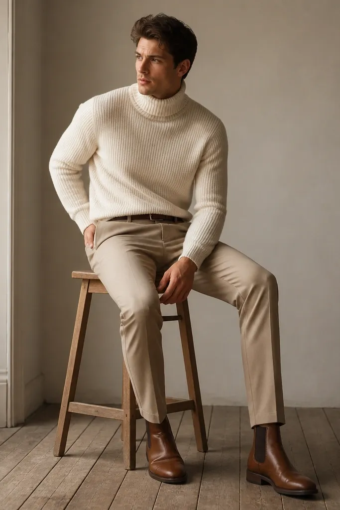Cream turtleneck sweater with beige pants; cognac leather Chelsea boots; minimal styling with a brown belt not fully visible.