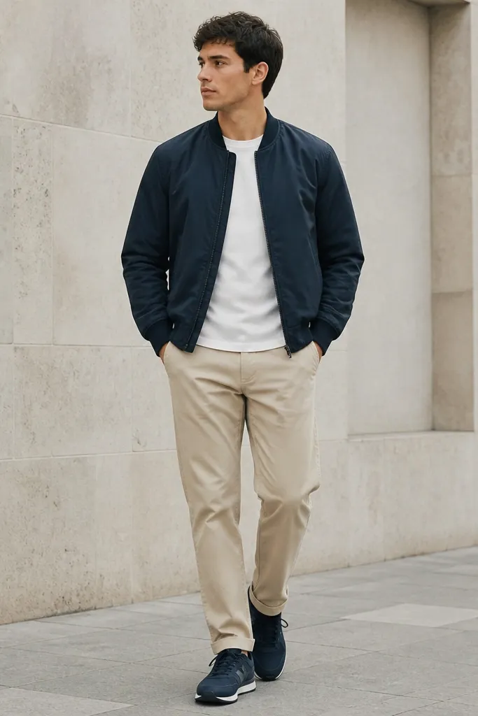 Beige pants paired with a navy bomber jacket over a white crewneck; shoes are dark sneakers; the outfit looks clean and sporty.