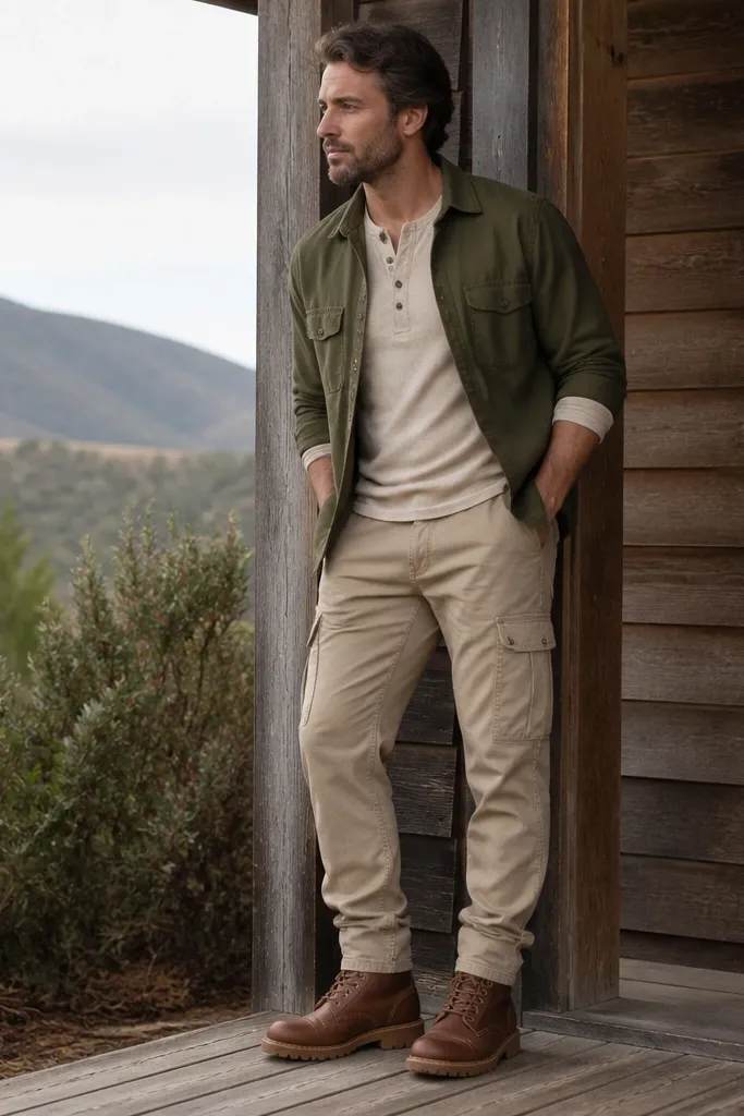 A man wearing sand beige cargo pants with a slightly tapered leg, an olive green overshirt layered over an ecru henley, and brown leather work boots with thick rubber soles. The outfit looks relaxed but put together, with the henley sleeves rolled once and the overshirt left open. Natural daylight shows the cargo pockets and matte fabric texture.