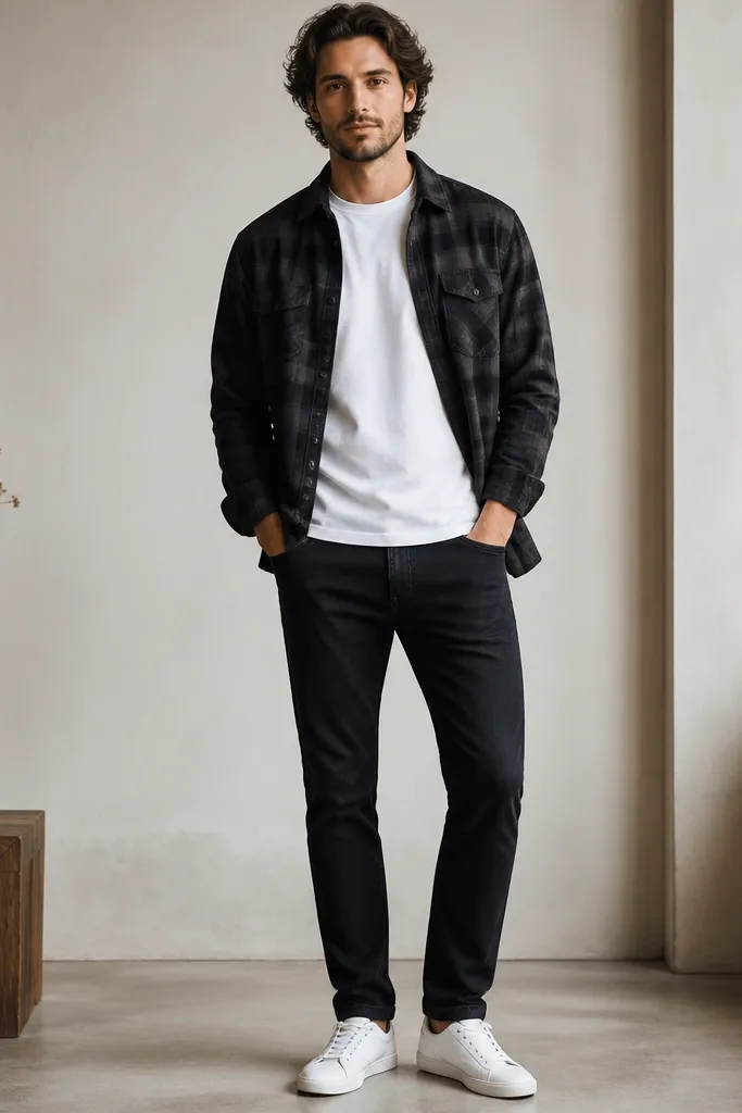 A dark black plaid flannel worn open over a crisp white crewneck tee; straight black jeans; clean white low-top sneakers; no visible jacket, just the open flannel framing the outfit.