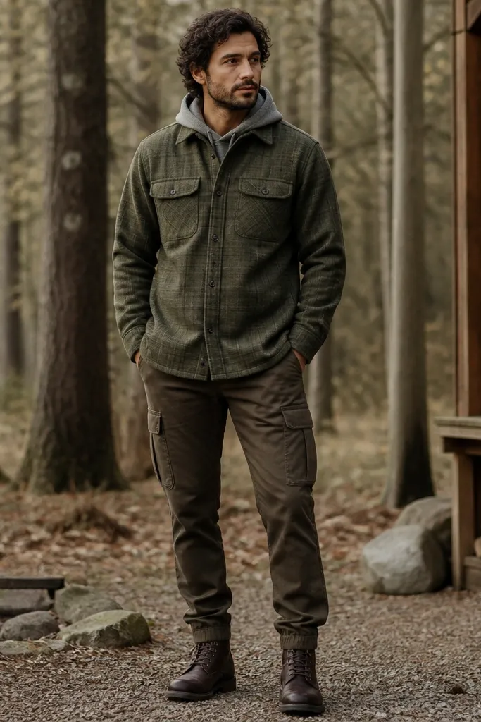 An olive flannel worn like a shirt jacket (buttons closed) over a muted gray hoodie; tapered olive-brown cargos; brown leather boots; the flannel hem sits near the top of the cargo pockets.
