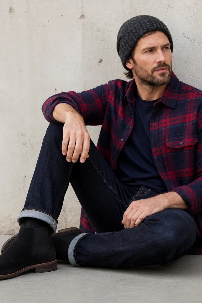 A red and navy plaid flannel worn open over a navy tee; dark indigo jeans; a ribbed knit beanie in charcoal; black suede boots.