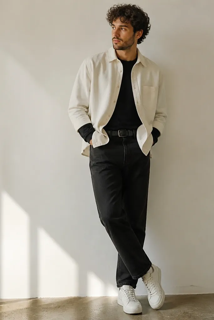 A cream or light beige flannel buttoned halfway over a black long-sleeve; black jeans; a visible black leather belt; white sneakers.