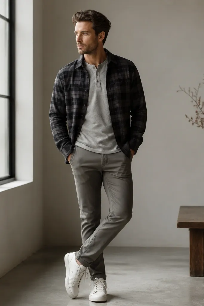 A charcoal plaid flannel worn open over a heather gray henley; slim straight gray pants; white trainers; no jacket, just the flannel framing the neck.