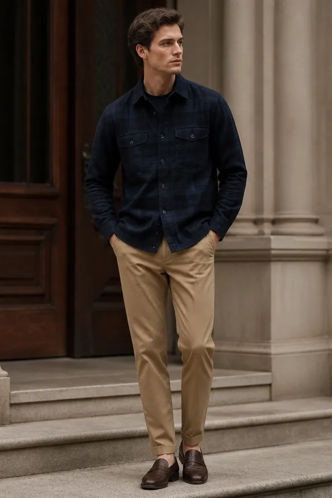 A navy flannel overshirt worn closed over a navy crew tee; tan chinos with a slight taper; brown loafers or casual derby shoes.