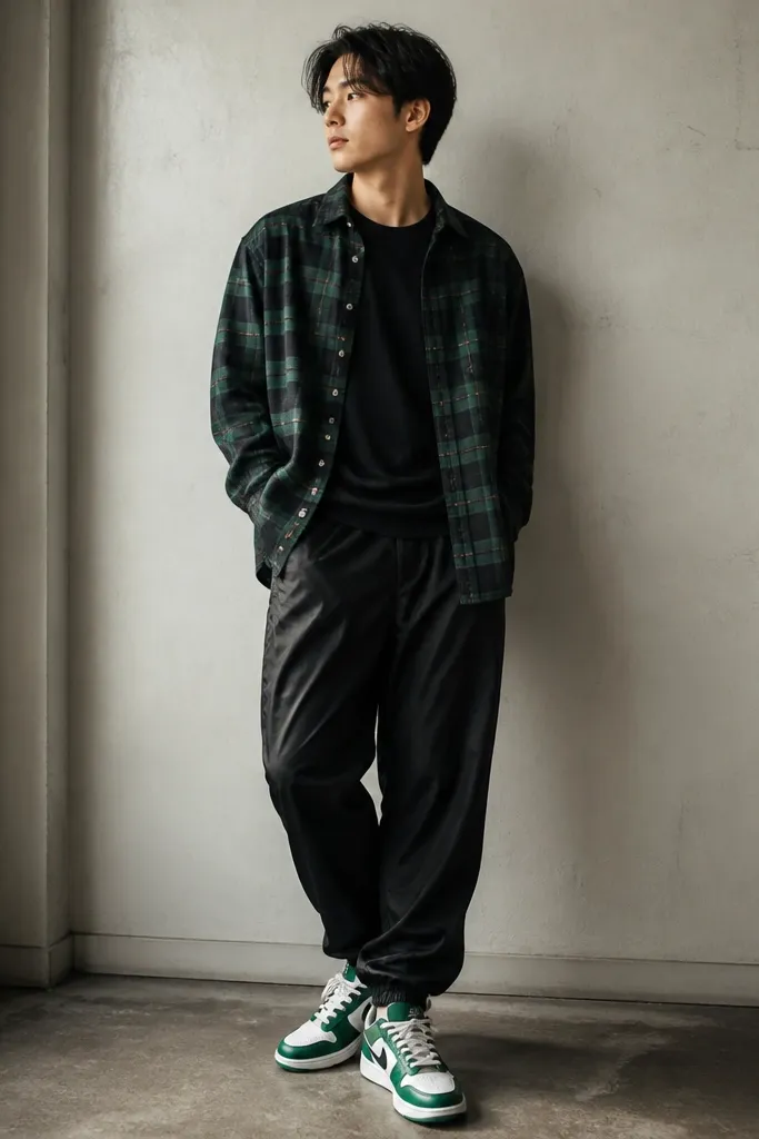 A green plaid flannel worn open over a black long-sleeve; black track pants with a slight sheen; chunky sneakers in white and green.