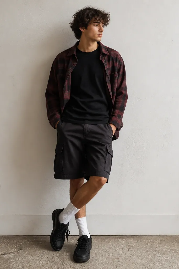 A burgundy plaid flannel worn open over a black tee; dark cargo shorts; tall crew socks; black sneakers.