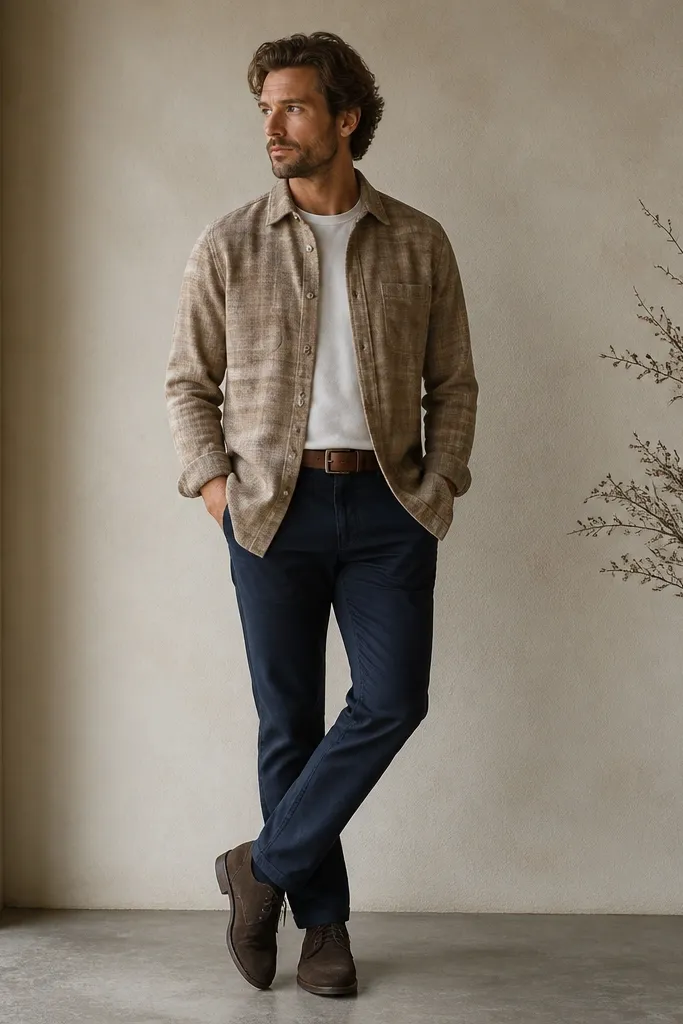 A tan flannel buttoned over a white tee; navy chinos; a brown leather belt; brown suede shoes.