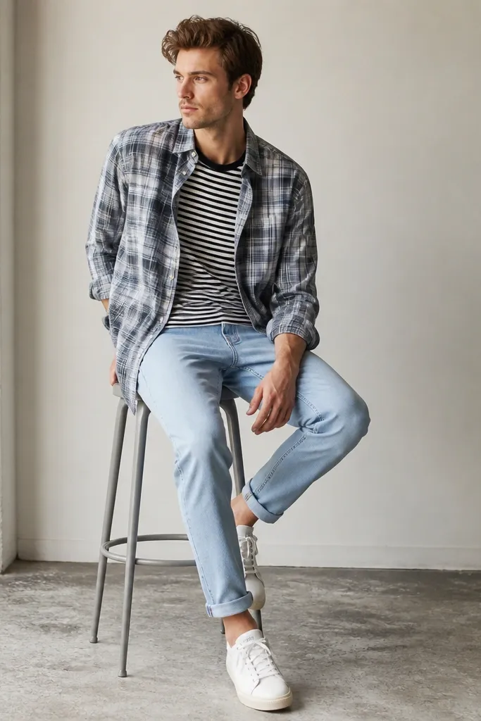 A light flannel in gray/blue worn open over a black-and-white striped tee; light wash jeans; white sneakers.