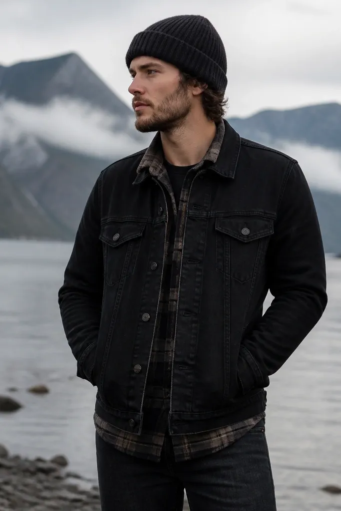 A flannel worn as mid-layer under a black denim jacket; dark jeans; a knit beanie; the flannel plaid peeks at the collar and hem.