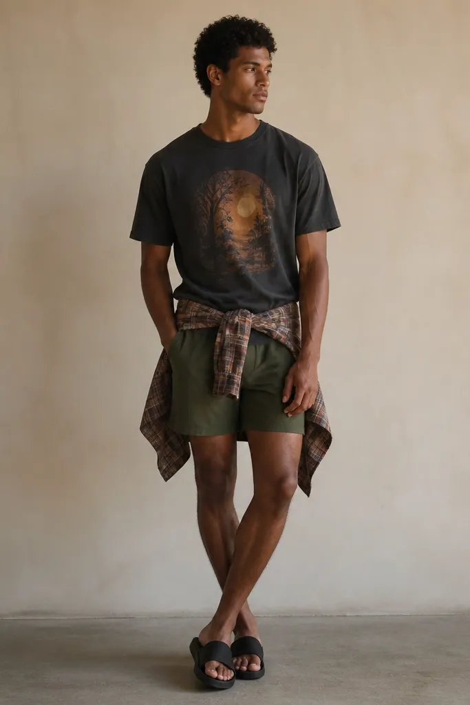 A flannel tied around the waist over a graphic tee; olive athletic shorts; black slides; the flannel pattern is visible at the sides.
