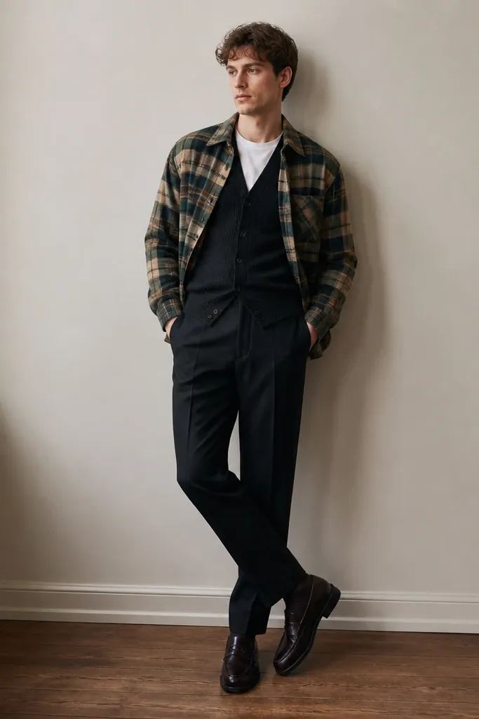 A flannel worn open over a dark knit vest; a plain tee underneath; dark trousers; leather loafers.