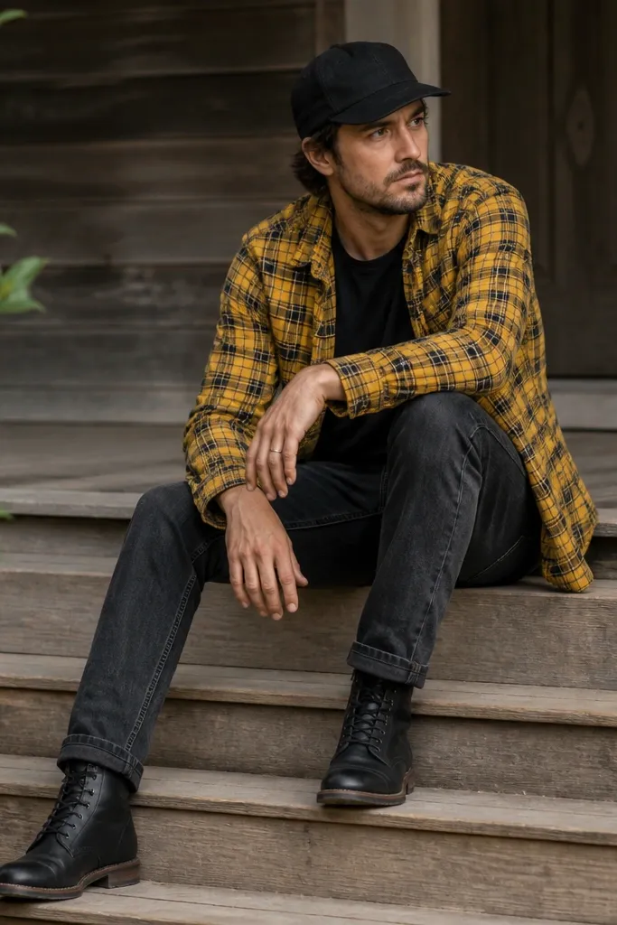 A yellow plaid flannel worn open over a black tee; charcoal jeans; black leather boots; a simple black cap.