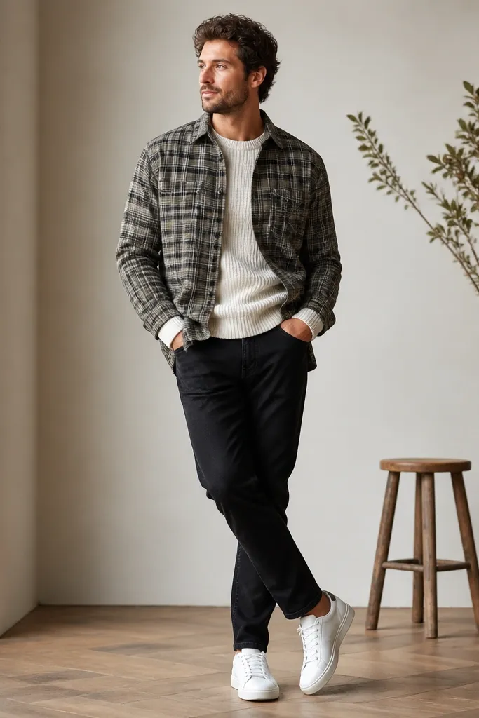 A flannel with small plaid worn open over a solid knit sweater; black jeans; white sneakers; the sweater is visible at the cuffs and collar.