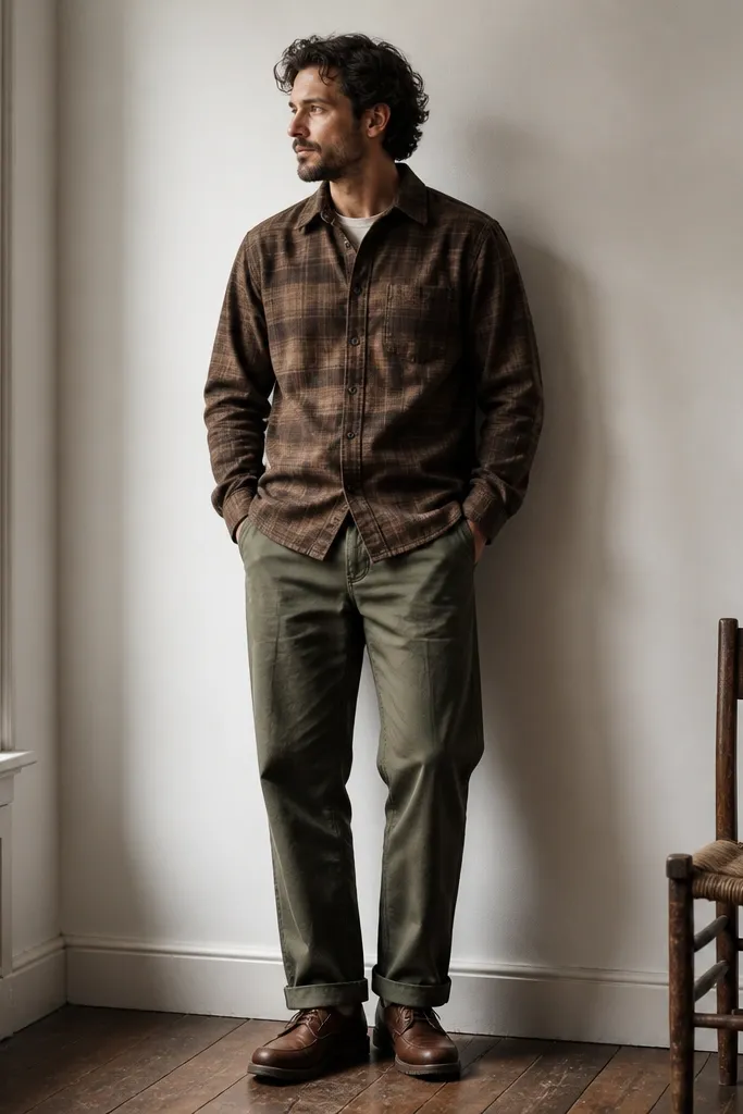A brown flannel worn closed over a cream tee; olive workwear trousers with straight legs; brown leather shoes; slight cuff at the hem.