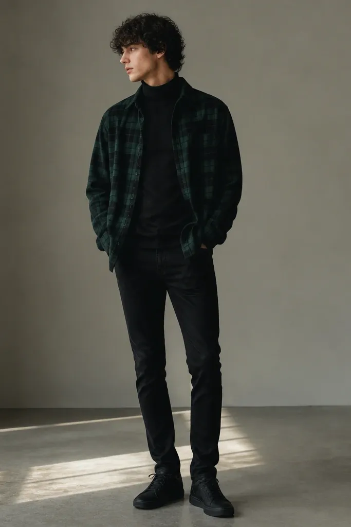 A dark green flannel worn open over a black turtleneck; slim black jeans; black sneakers; the turtleneck neck peeks out clearly.