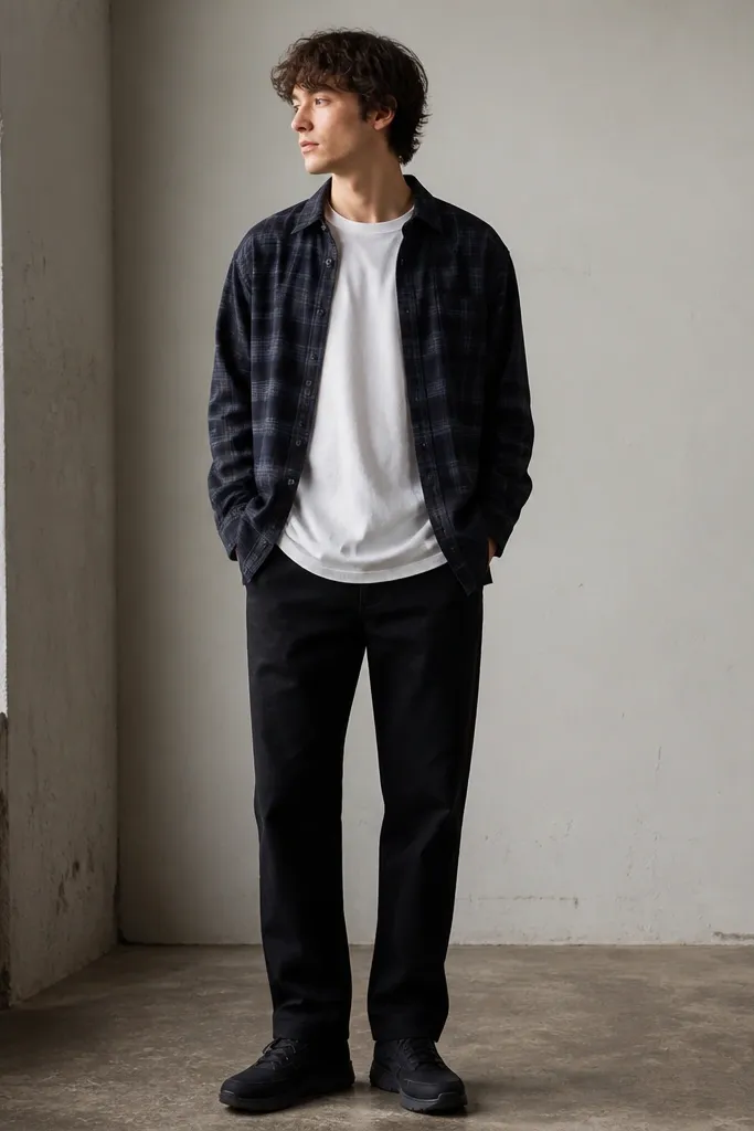 A navy-gray plaid flannel worn open over a slightly oversized white tee; black work pants with a straight leg; dark sneakers.