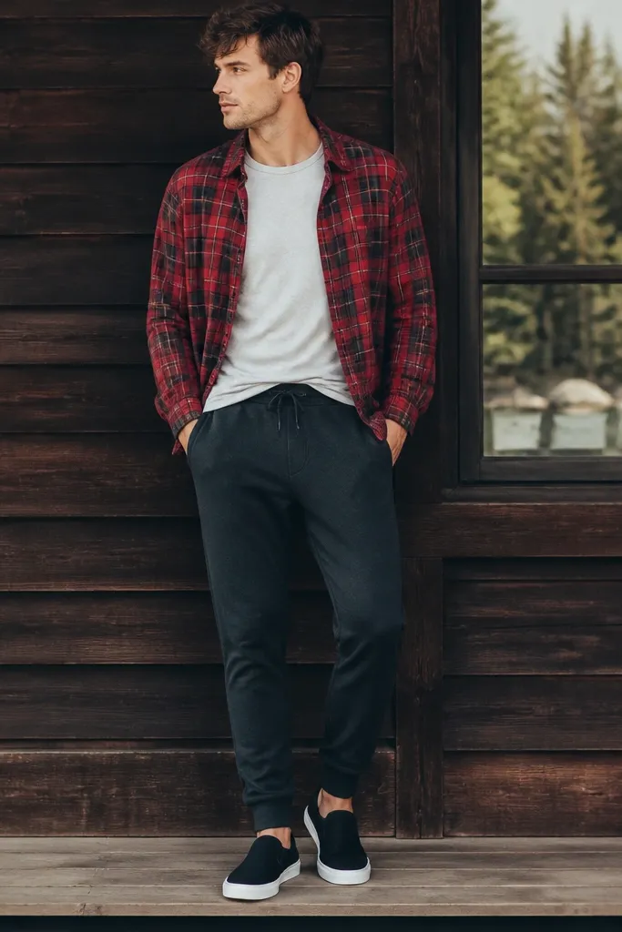 A red plaid flannel worn open with the tee half-tucked; dark sweatpants; slip-on sneakers; no jacket, just flannel framing the waist.
