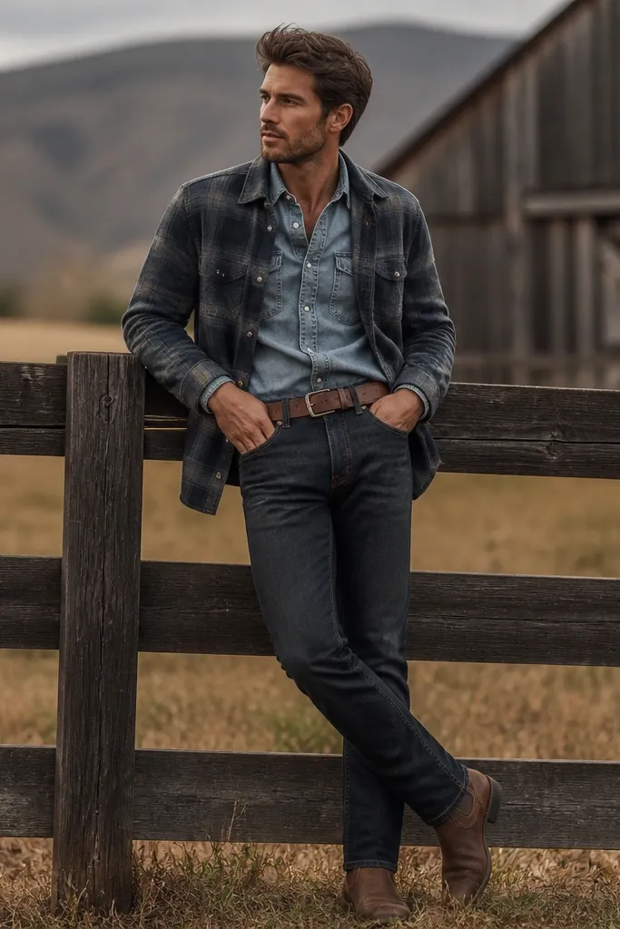 A blue-grey flannel worn open over a lighter denim button-up; visible denim collar; dark jeans; brown leather belt and boots.
