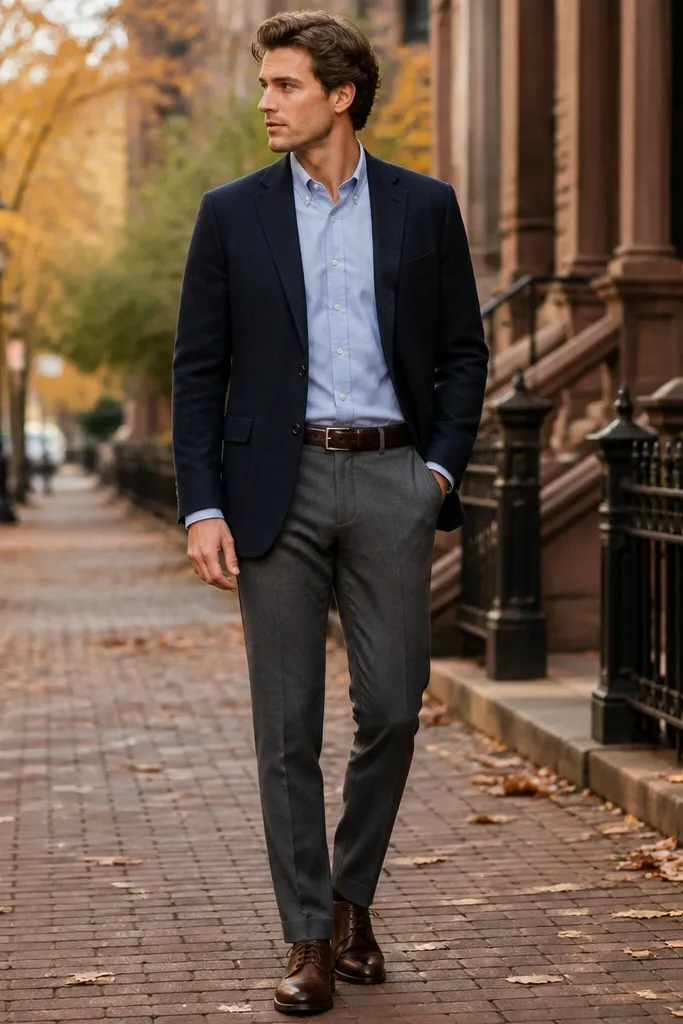 A navy unstructured blazer worn with a light blue Oxford cloth button-down, gray mid-wool trousers, and a brown belt. The outfit shows a clean notch lapel, the shirt cuff peeking 1/4 inch, and leather derby shoes in dark brown. Background is a fall street with soft daylight.