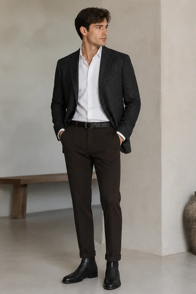 A charcoal blazer with a white dress shirt, tucked into black-brown chinos. The trousers have a clean taper and a subtle cuff at the ankle. Shoes are black leather Chelsea boots with a low heel, and the belt matches the boots. The photo shows a tidy, modern silhouette.
