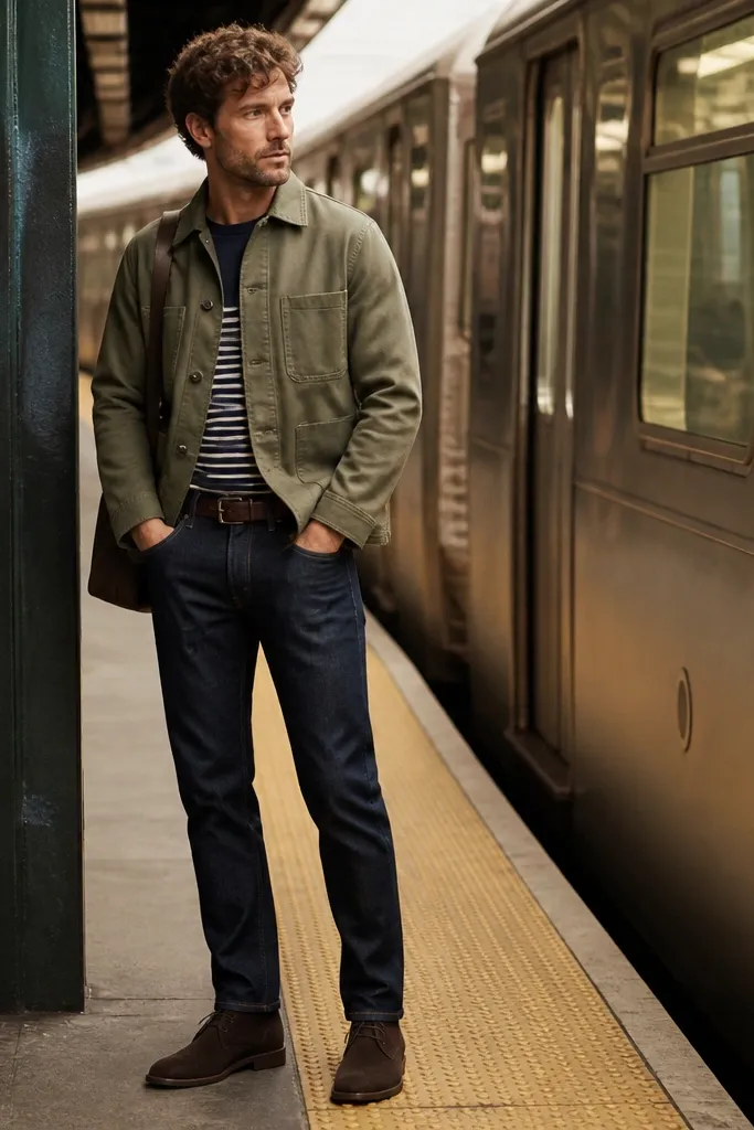 An olive brushed-cotton chore jacket layered over a navy-and-white striped crewneck tee. The pants are dark indigo slim-straight denim with a slight break. Shoes are dark brown suede chukkas, and the belt is a simple leather strap. The scene looks like a weekday commute.