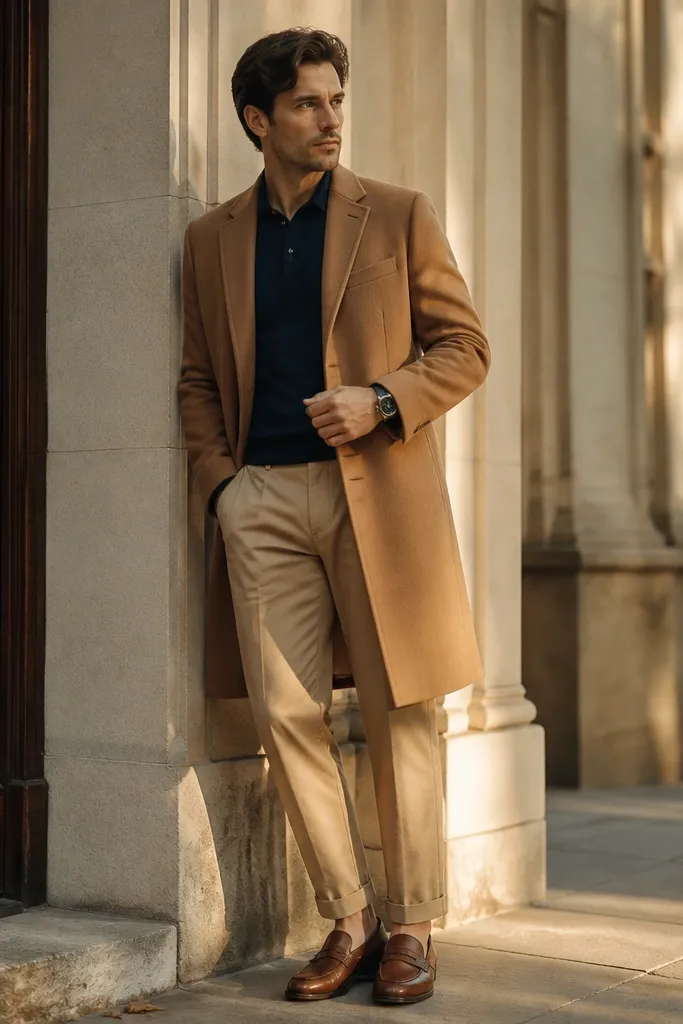 A camel overcoat worn over a navy knit polo shirt. Tan chinos are tapered slightly with a clean hem. Shoes are cognac leather loafers, and a dark watch sits on the wrist. The outfit looks warm in late afternoon light.