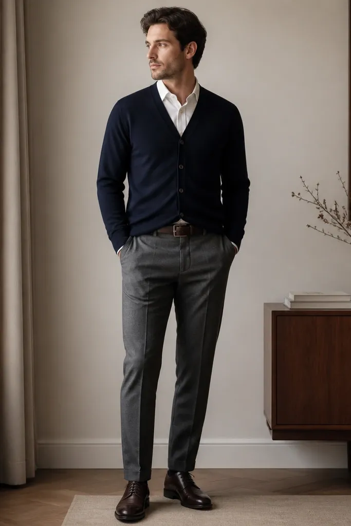 A navy cardigan with a button front layered over a white button-down. The trousers are medium gray wool with a clean crease. Shoes are dark brown leather oxfords, and a simple leather belt matches. The outfit is photographed indoors with soft light.