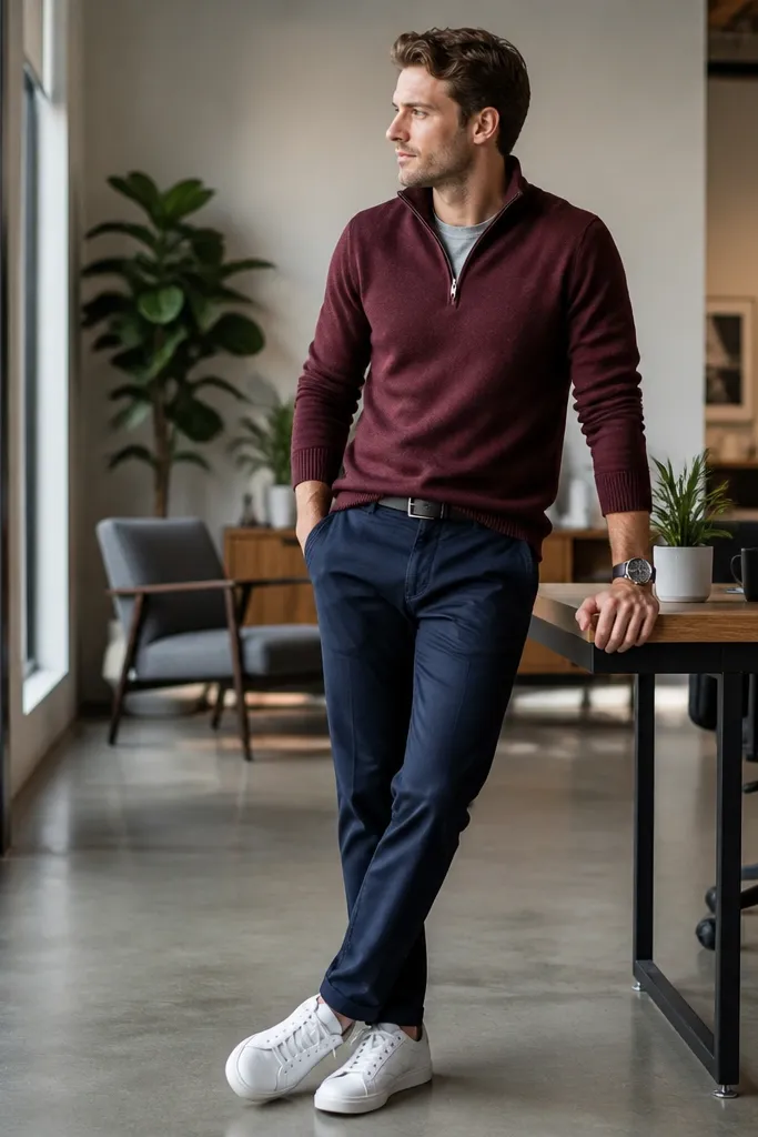 A burgundy quarter-zip knit worn over a light gray crewneck. Navy chinos sit straight with a slight taper. Shoes are clean white low-top sneakers with minimal scuffs. Accessories include a dark watch and a simple belt. The photo looks like a casual office day.